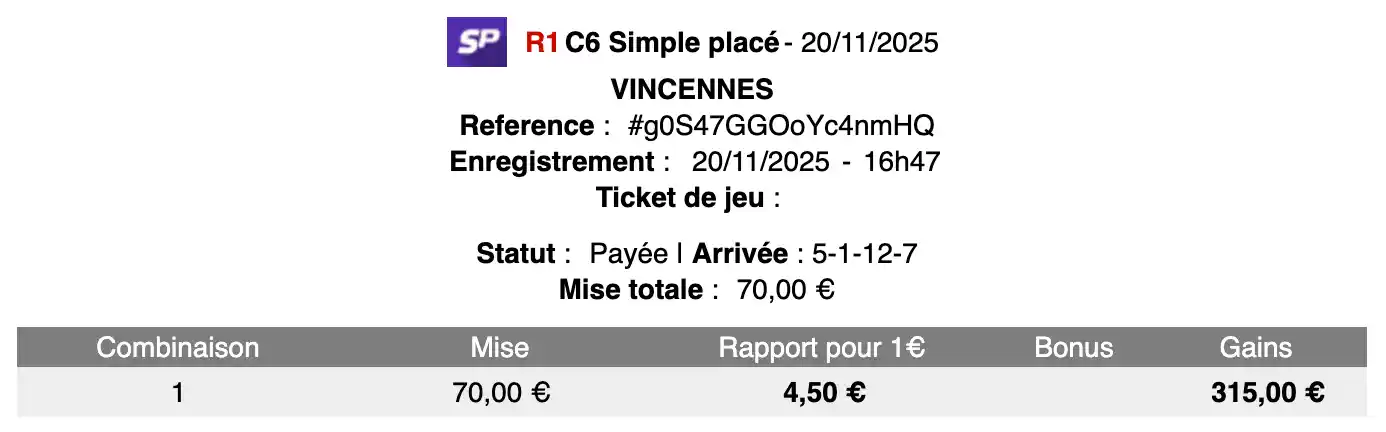 Ticket Zeturf — Nantes 16/11/2025 · Simple gagnant · +245€