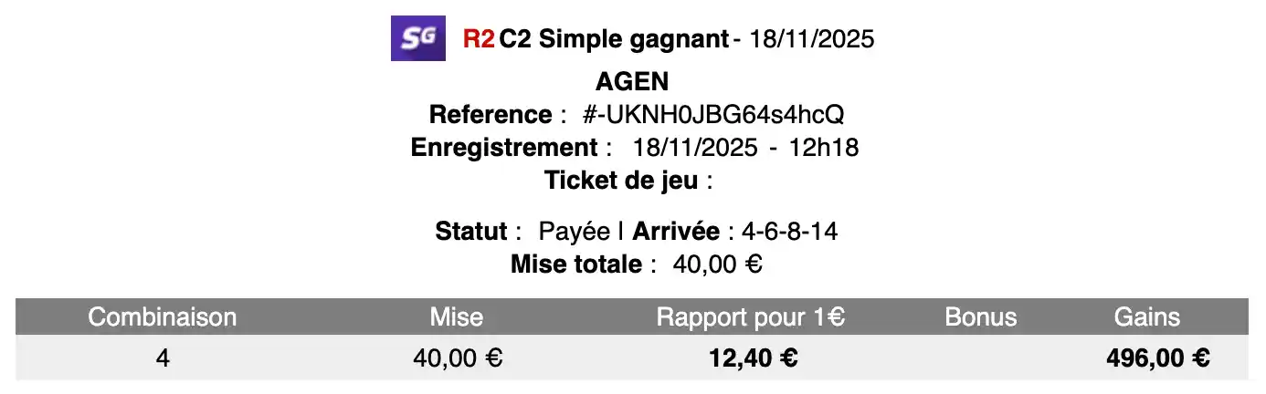 Ticket Zeturf — Nantes 16/11/2025 · Simple gagnant · +245€